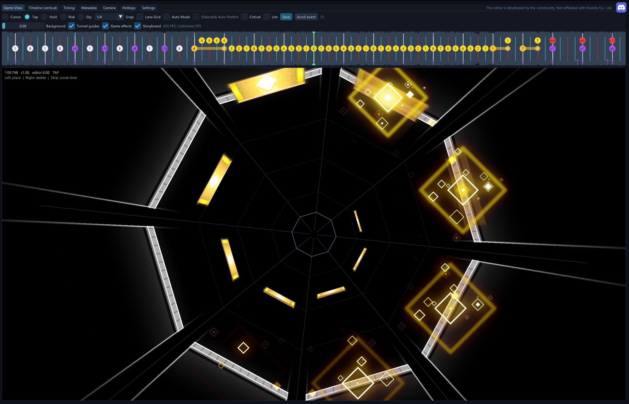 Estella Chart Editor showing the waveform timeline and notes in Game View, with the chart background disabled